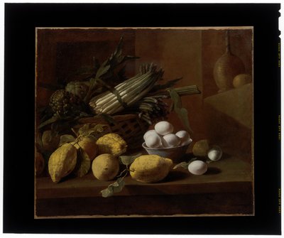 アーティチョーク、アスパラガス、レモンと卵のキッチン静物画 作： Giuseppe Recco
