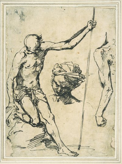 人物研究: 棒を持った男、ターバンを巻いた男の頭、後ろから見た左腕 作： Giuseppe Ribera