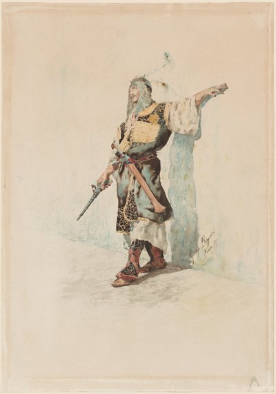 太陽に照らされた壁の前のムーア人の兵士 作： Giuseppe Signorini