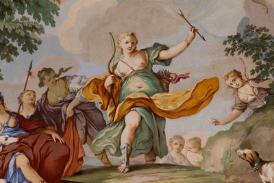 ドメニコ・ヴァレリアーニとジュゼッペ・ヴァレリアーニによるディアナの神話の表現、寝室のアーチ型天井、王の居室、狩猟住居、フィリッポ・フヴァラ（1678年～1736年）によるフレスコ画、イタリア、ピエモンテ州ストゥピニージ市 作： Giuseppe and Valeriani Domenico Valeriani