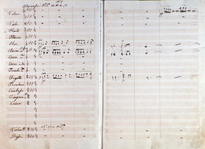 ジュゼッペ・ヴェルディによるオペラ「マクベス」のオリジナル楽譜のダブルページ 作： Giuseppe Verdi