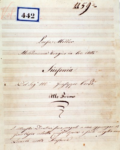 ジュゼッペ・ヴェルディのオペラ「ルイサ・ミラーの交響曲」の譜面の1ページ目 作： Giuseppe Verdi