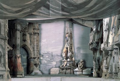 バリャドリッド大聖堂の前の広場、第 3 幕、第 4 場、ジュゼッペ ヴェルディ (1813-1901) によるドン カルロスのためのシャルル カンポンによるセット デザイン、パリでの公演、サル ル ペルティエ オペラハウス、3 月 11 日 作： Giuseppe Verdi