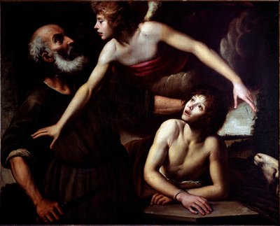 イサクの犠牲 天使がアブラハムの手を止める（イサクの犠牲） ジュゼッペ・ヴェルミリオ（1585-1635）の絵 17世紀 ジェネ、ストラーダ・ヌォーヴァ美術館（元パラッツォ・ビアンコ 作： Giuseppe Vermiglio