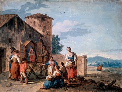 スタンディングマドンナ像、c1750を持つ幕屋の前の農民のグループ。 作： Giuseppe Zais
