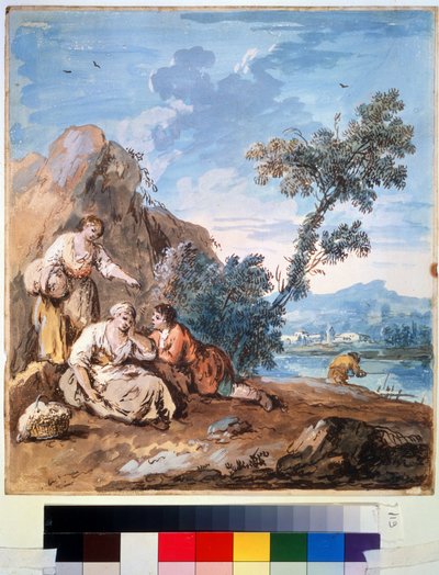 川岸で休む 3 人の農民。 ジュゼッペ・ザイス (1709-1784) の絵画。 紙に水彩、29.5 x 26.2 cm、1750 年頃。ヴェネツィア派、18 世紀のイタリア絵画。 プーシキン美術館、 作： Giuseppe Zais