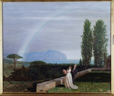 ジェノヴァの近くの風景、虹を見ているカップル ジュゼッペ・デッレ・ピアーネ（1832-1902）による絵画 1902年薄暗い73x88 cm 遺伝子、Arte Modernaによるガレリア、inv 0260 作： Giuseppe delle Piane