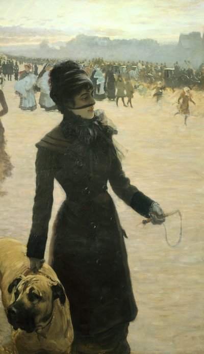ブーローニュの森からの帰り道、犬を連れた女性 作： Giuseppe or Joseph de Nittis