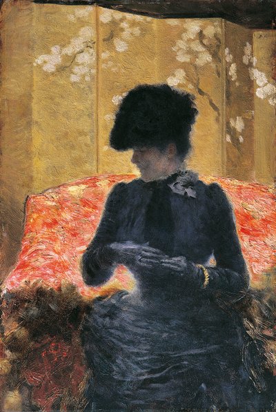 赤いソファに座る女性 作： Giuseppe or Joseph de Nittis