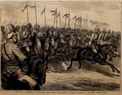 マルタ島でのインド人部隊、ケンブリッジ公爵の前での閲兵式、第九ベンガル槍騎兵隊の任務。 作： ゴドフロワデュラン