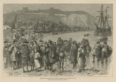 イギリスのユグノーたち1685年、ドーバーに上陸したフランス人ユグノー難民（エングレーヴィング） 作： ゴドフロワデュラン