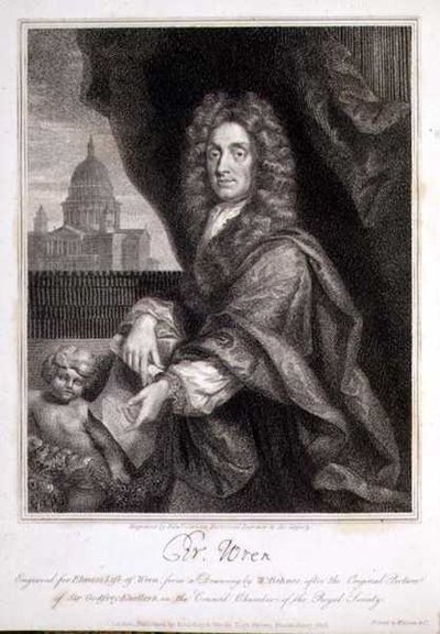 エルメの「レンの生涯」のために彫られたクリストファー・レンの肖像画 作： Godfrey (after) Kneller