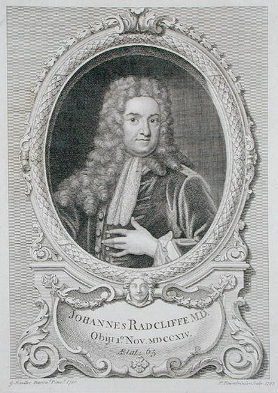 ジョン・ラドクリフ（1650-1714）の肖像（ピエール・フルドリニエール（d.1758）が彫った「ラドクリフ図書館の平面図、断面図、立面図」より） 1747年（エングレーヴィング 作： Godfrey (after) Kneller