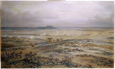 1900年、パルデベルク近くのヴェーデュートドリフトでのクロニエ軍の攻撃 作： Godfrey Douglas Giles