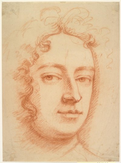 男性の顔、スリークォーターズ、視聴者を直接見ている、おそらく自画像 作： Godfrey Kneller
