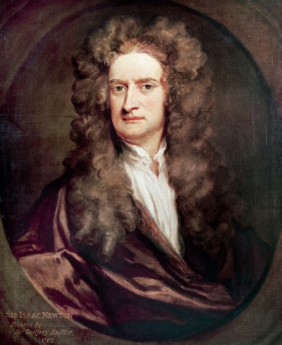 アイザック・ニュートン（1642-1727）の肖像（イギリスの数学者、物理学者、天文学者）、ゴッドフリー・ネラー（1646-1723）による絵画 作： Godfrey Kneller