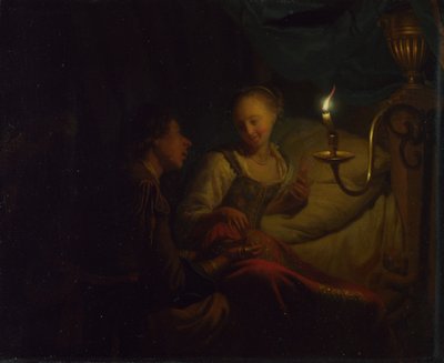 キャンドルライトのシーン。 ベッドに座る少女に金の鎖とコインを差し出す男性 1665年～1667年 作： Godfried Cornelisz Schalcken