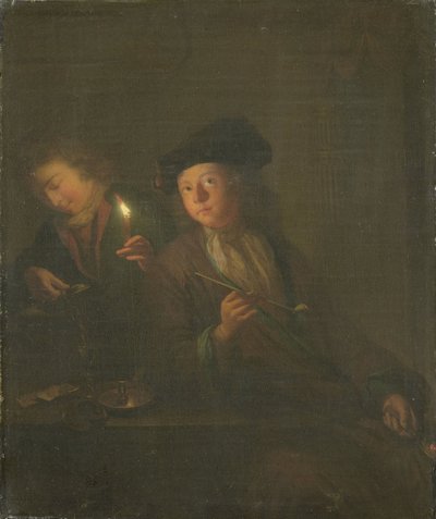 スモーカー (パイプを持った男とグラスに飲み物を注ぐ男) 作： Godfried Schalcken (attributed to)