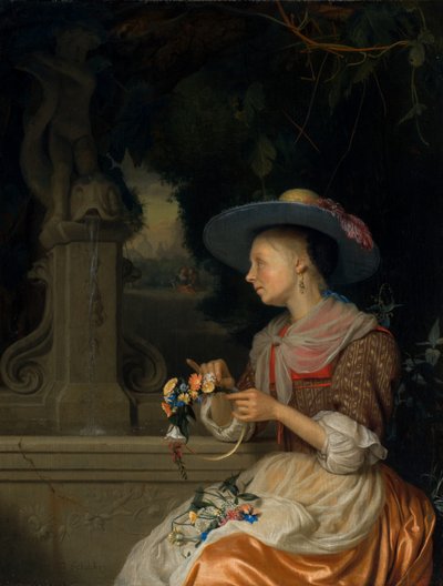 花の冠を編む女性、c。 16751680。 作： Godfried Schalcken