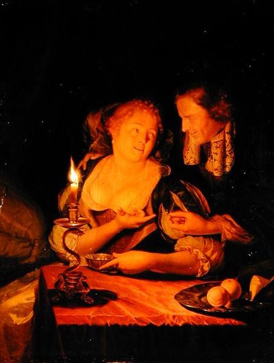 女性に指輪を差し出す紳士（油彩・パネル 作： Godfried Schalcken