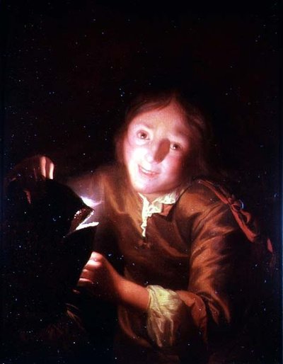 ハロウィンの仮面をかぶってキャンドルを持つ少年 作： Godfried Schalcken