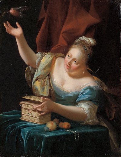 豪華な衣装を着たテーブルに座って、檻から鳴き鳥を解放する女性 作： Godfried Schalcken