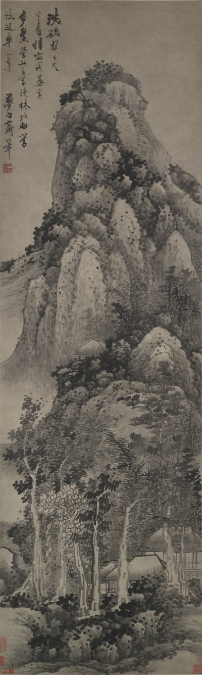 高尚なパビリオン、掛軸、1683年頃（紙にインク） 作： Gong Xian