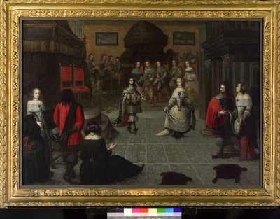 1660年5月、おそらく姪のエリザベス・ヴァン・デ・パルツ（1616-1680）とハーグ（オランダ）で踊るイングランド王チャールズ2世（1630-1685）。 作： Gonzales Coques