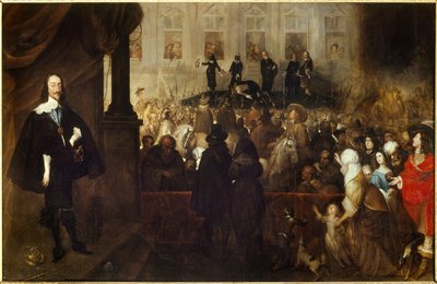 ホワイトホール広場（ロンドンのホワイトホール）で行われたチャールズ1世の処刑。チャールズ1世スチュアート（1600-1649）1625年から1649年までイングランド、スコットランド、アイルランドの王で、第一次イングランド革命の際に首を切られた。ゴンザレス・ハルス（1614-1684）の絵 Ec.Flam. 作： Gonzales Coques