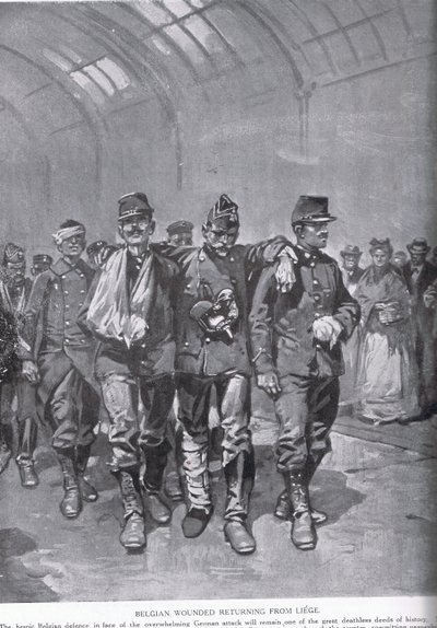 1920年頃の「ハチソンのイギリス国民の物語」からのリエージュからのベルギー人の負傷者の帰還 作： Gordon Frederick Browne