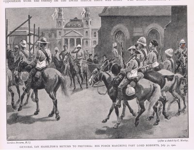 イアンハミルトン将軍がプレトリアに戻る：1900年7月30日、ロバーツ卿を過ぎて行進する部隊 作： Gordon Frederick Browne