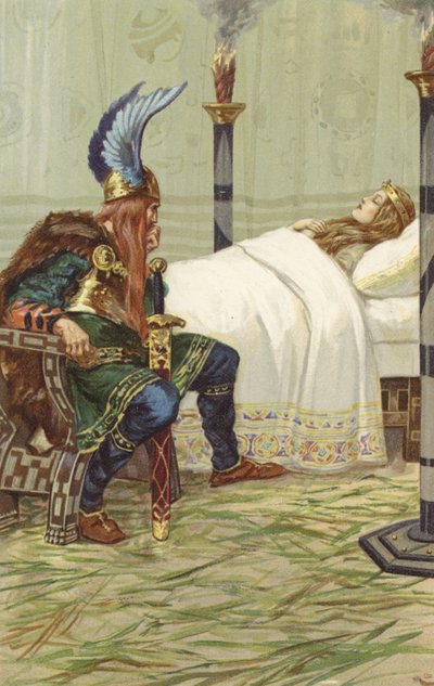 ハラルドは彼女のそばに座って彼女を見た（クロモリト） 作： Gordon Frederick Browne