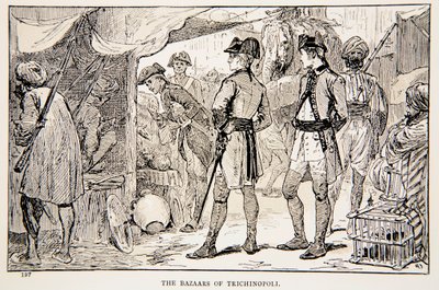トリチノポリのバザール、GA Hentyによる「インドのクライヴとインド、または帝国の始まり」のイラスト。ロンドン、1884 作： Gordon Frederick Browne