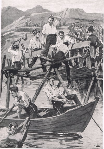 グアディアナに架かる橋の建設、1811年4月3日、「陸と海でのイギリスの戦い」のイラスト、ロンドン、カッセル発行、1910年 作： Gordon Frederick Browne