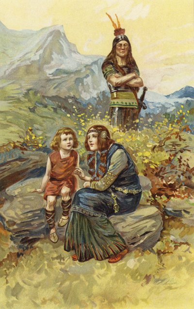絆の女と息子のオラフ、朝日差しの中で座っていた（クロモリト） 作： Gordon Frederick Browne