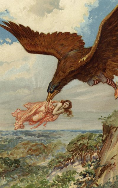 巨人タジャシはワシの羽の中で飛んでイドゥナ（クロモリト）を捕まえた 作： Gordon Frederick Browne