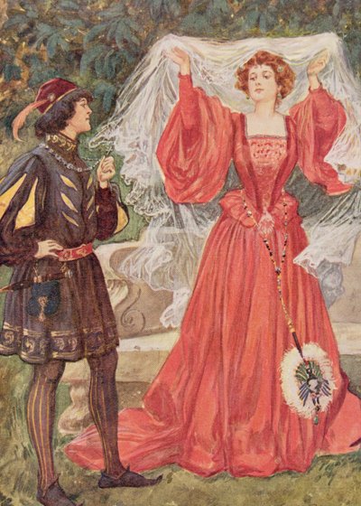 Edith Nesbit（1858-1924）pubによる「シェイクスピアーの子供たちの物語」の12夜のヴィオラとオリビアRaphael Tuck und Sons Ltd.、ロンドン（書籍のイラスト） 作： Gordon Frederick Browne