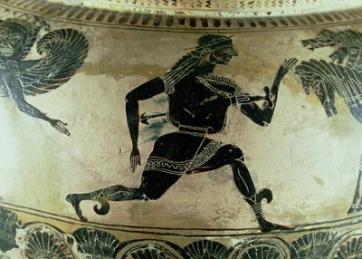 ゴルゴンから逃げるペルセウス、アッティカ黒像式ディノスの詳細、ギリシャ、紀元前590年頃（陶器） 作： Gorgon Painter