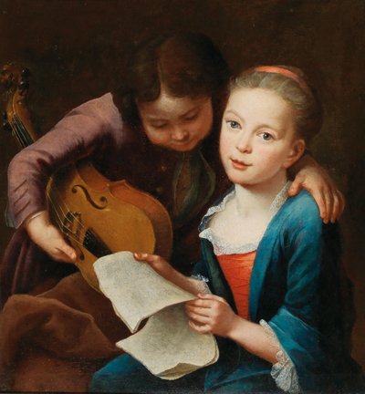 1746 年に音楽を演奏する子供たちのカップル。 作： Gottfried Eichler the Elder