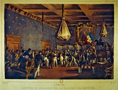 1830年7月31日、パリのホテル・ド・ヴィルで行われた代議院の演説を読む（カラーリトグラフ） 作： Gottfried or Godefroy Engelmann