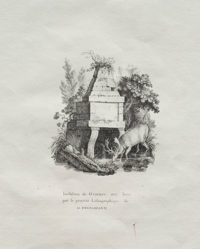 リソグラフィーテストのコレクション：木の彫刻を模した噴水c。 1816年。 作： Gottfried or Godefroy Engelmann
