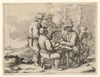 野外のテーブルで 5 人の農家 田舎の居心地（シリーズタイトル） 作： Gottlieb Friedrich Riedel