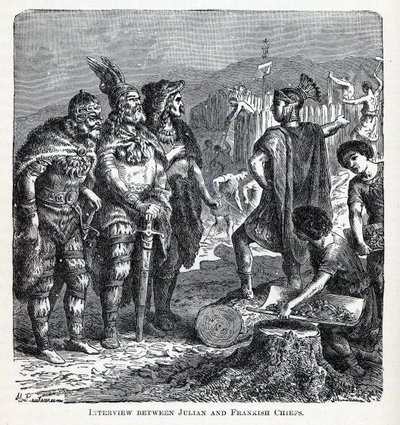 ジュリアンとフランク族の酋長のインタビュー、1882 年 作： Gottlob Heinrich Leutemann
