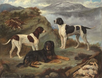 シェリー、レンジャー、グレン、風景の中の 3 匹の猟犬 (キャンバスに油彩) 作： Gourlay Steell