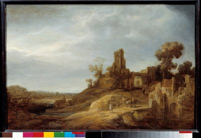 橋と廃墟のある風景 ゴヴァート・フリンク（1615/1616-1660）の絵画 1637年 日0.49x0.75 m 作： Govaert Flinck