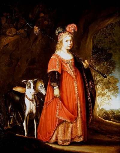 2つのグレイハウンドの空き地にいるダイアナの少女の肖像画 作： Govaert Flinck