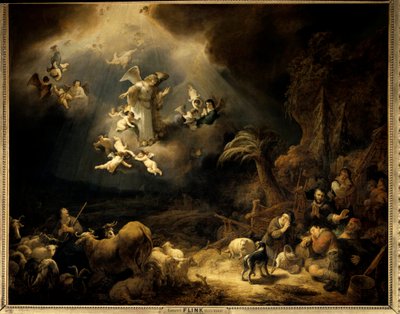羊飼いたちへのお告げ 絵画 ゴヴァート・フリンク（1615-1660）（ec.flam.）1639年 日。1,6x1,96 m パリ、ルーヴル美術館 作： Govaert Flinck
