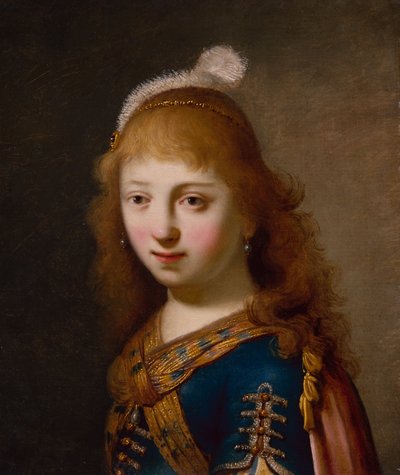 青いドレスと赤いマントの少女（キャンバスに油彩） 作： Govaert Flinck