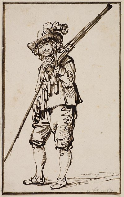 マスケット銃を肩にかけた立っている兵士 作： Govert Flinck