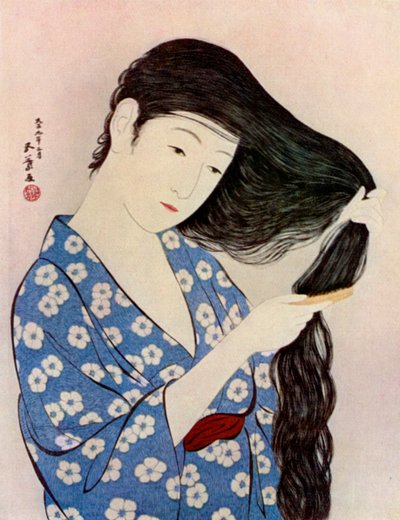 1920年、1930年、髪をとかす日本人女性。 作： Goyo Hashiguchi
